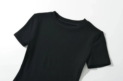 Summer Short Sleeve O-neck Knitted Bodysuits Women Stretchable Slim Basic Solid Color Tops