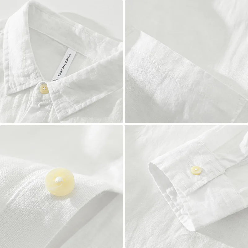 100% Linen Loose Square Collar Long Sleeve Shirt, Men's Pullover Leisure Stone Washed Linen Top, Outdoor Camping Natural Fabric