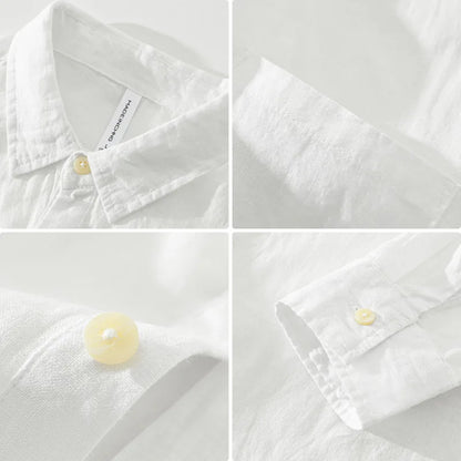 100% Linen Loose Square Collar Long Sleeve Shirt, Men's Pullover Leisure Stone Washed Linen Top, Outdoor Camping Natural Fabric