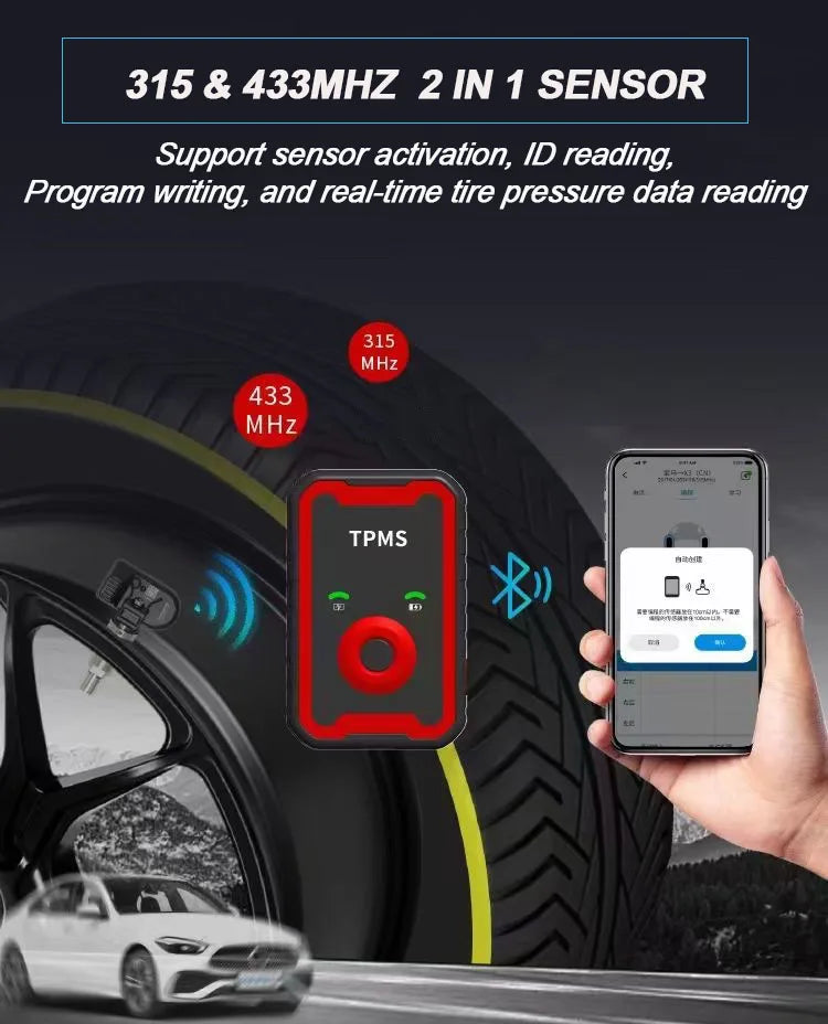 Programable TPMS Sensors 2 in 1 433MHz+315MHz Support Programing with CELL PHONE Tire pressure monitor System