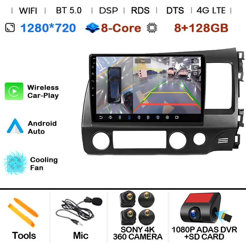 Car Radio Android 15 For Honda Civic 8 FK FN FD 2005 - 2012 RHD Multimedia Player Navigation GPS Carplay Stereo BT Head Unit DSP