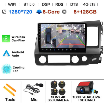 Car Radio Android 15 For Honda Civic 8 FK FN FD 2005 - 2012 RHD Multimedia Player Navigation GPS Carplay Stereo BT Head Unit DSP