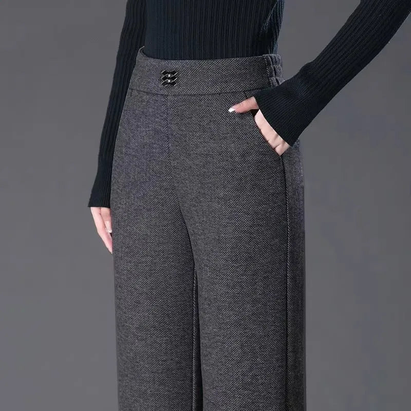 Women's Woolen Flared Pants High Waist Elastic Polyester Fiber Warm Casual Trousers for Autumn Winter 2025 New Style