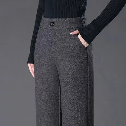 Women's Woolen Flared Pants High Waist Elastic Polyester Fiber Warm Casual Trousers for Autumn Winter 2025 New Style