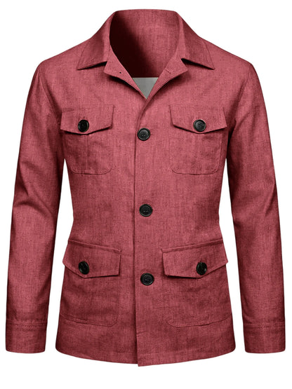 Men's Linen Blend Safari Jacket Retro British Style Multi-Pocket Workwear Coat Business Casual Suit Blazer for Spring Summer
