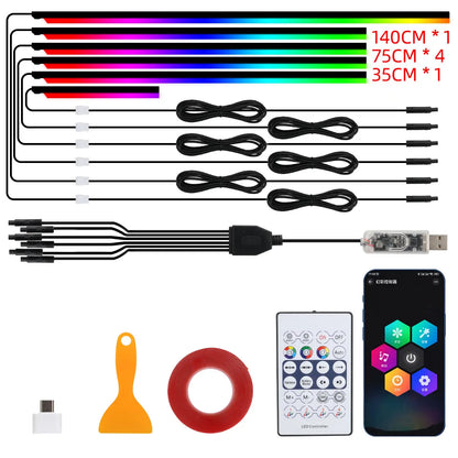 140/55.1inch Car Ambient Lights 1/6/10in1 Universal LED Symphony RGB Atmosphere Lamp USB APP Remote for Tesla Car Accessories