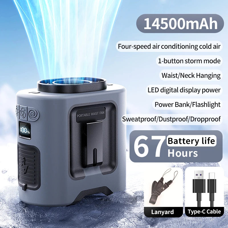 14500mAh Portable Waist Fan 360° Rotating Belt Clip Hanging Neck Fan Strong Wind with LED Digital Display for Outdoor Sports