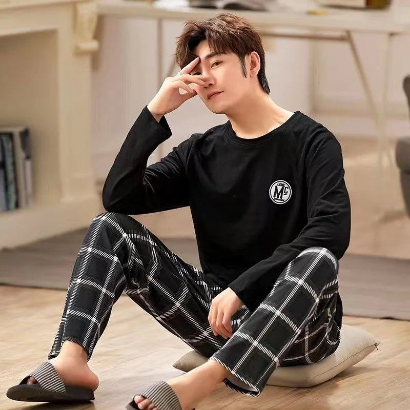 Men‘s Pajama Set Long Sleeve Black Striped Fall and Winter Youth Student Nightwear Loungewear Two Piece Set Sleepwear Homewear