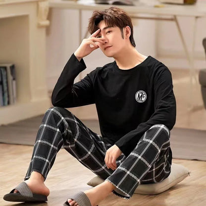 Men‘s Pajama Set Long Sleeve Black Striped Fall and Winter Youth Student Nightwear Loungewear Two Piece Set Sleepwear Homewear
