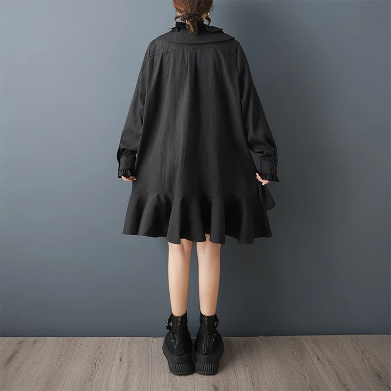 Loose Dark Design Double Layered Doll Collar Ruffle  Patchwork Dress Women's plus Size Cotton Blend Long Sleeve Midi Dress