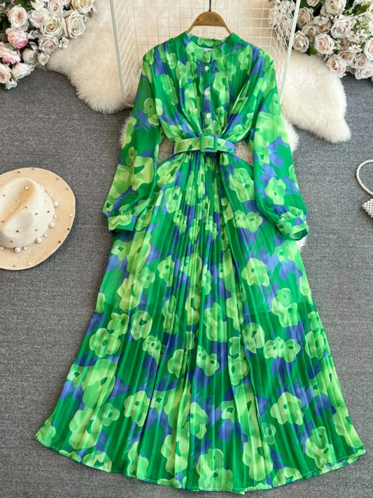Ele Vintage Long Sve A-Line Printed Gown with Pleated Skirt And Slimming Waist Design for Young Women Korean Sle Com...
