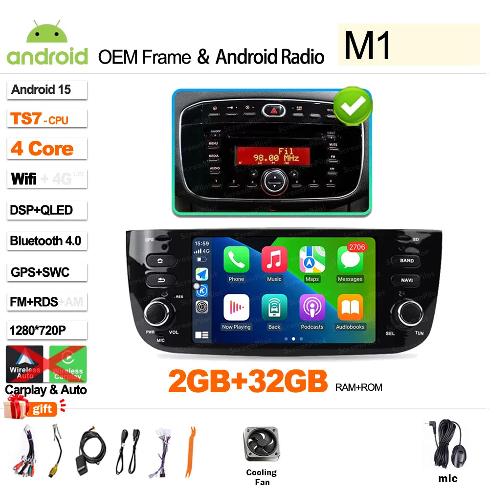 Car Android 16 For Fiat Linea Punto evo 2012-2015 Radio Video Player GPS Multimedia Navigation Screen Stereo Carplay Audio DSP