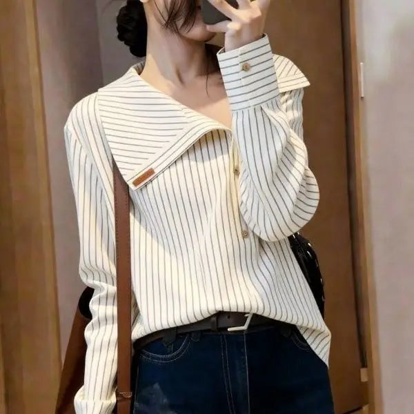 Elegant Unique Stylish Spring 2026 Casual Shirt Design Sensation  Personality Long Sleeve Striped Navy Collar Loose Fit