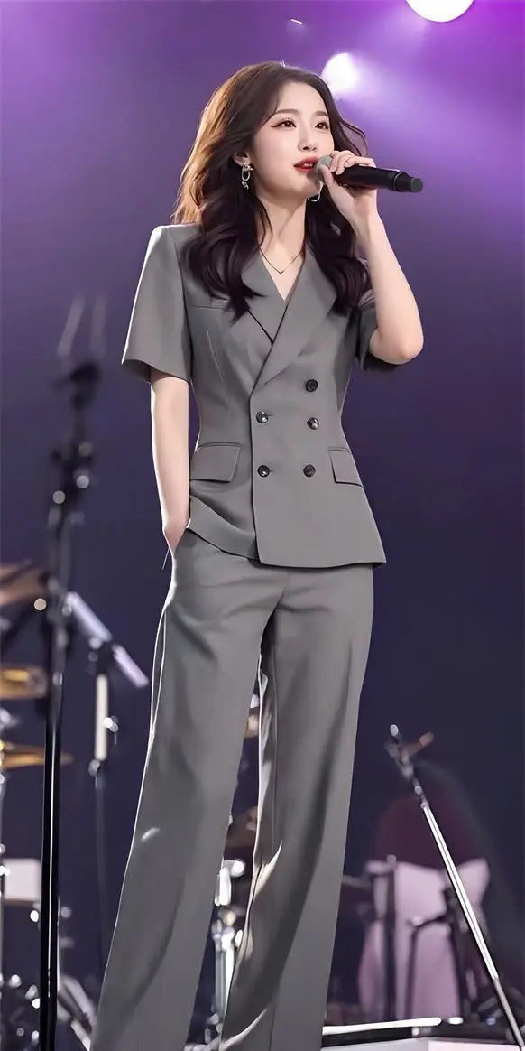 Elegant Short Sleeve Suit Set Women's Summer New Style Powerful Businesslike Top And Pants Two Pieces Set High Waist Pants