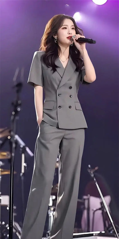 Elegant Short Sleeve Suit Set Women's Summer New Style Powerful Businesslike Top And Pants Two Pieces Set High Waist Pants