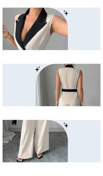 Women's Office Lady Ensemble Outfit Autumn Sleeveless Straight Leg Pants Set Classy Bandeau Elegant Style Top And Vest 2 Set
