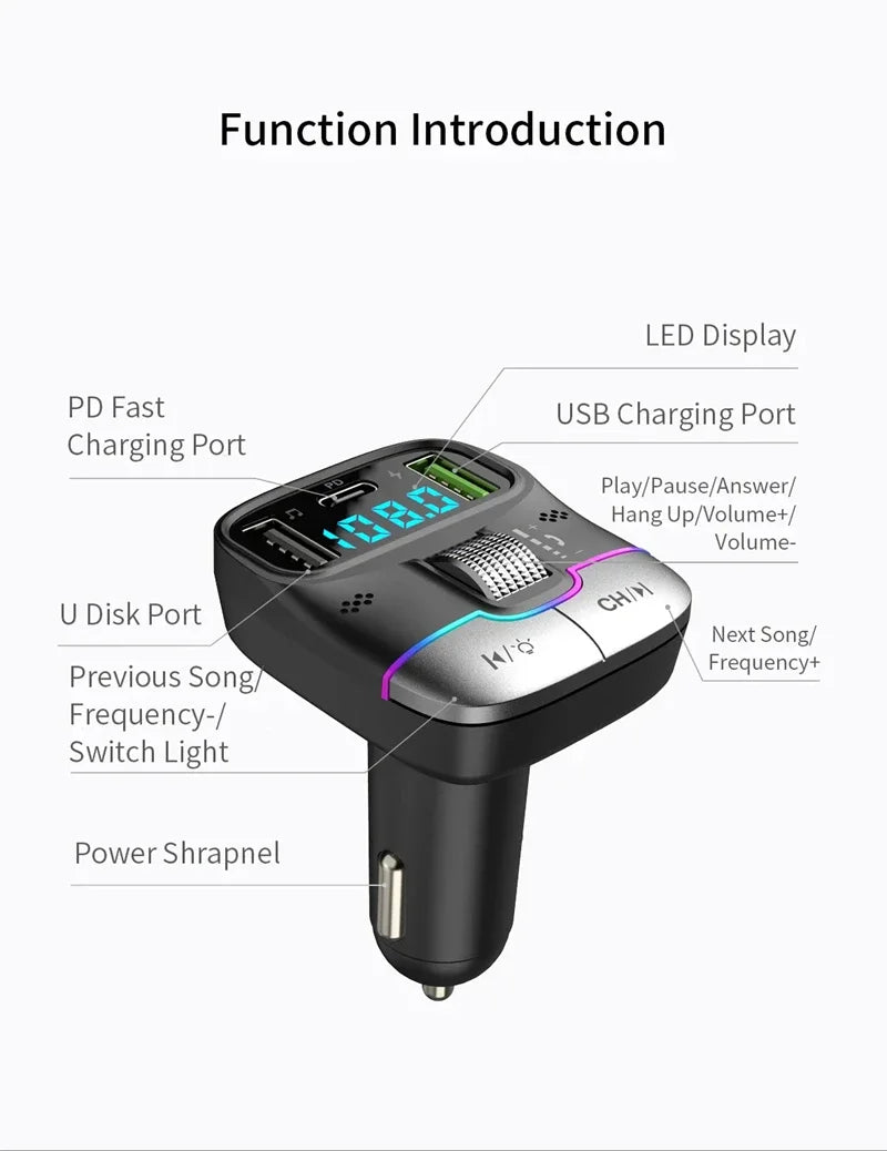 FM Transmitter Bluetooth 5.4 Hands-Free Portable Car AUX Radio Modulator MP3 Player with Fast Charging Adapter