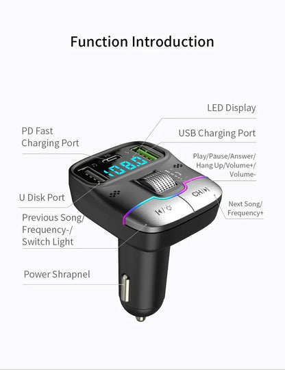 FM Transmitter Bluetooth 5.4 Hands-Free Portable Car AUX Radio Modulator MP3 Player with Fast Charging Adapter