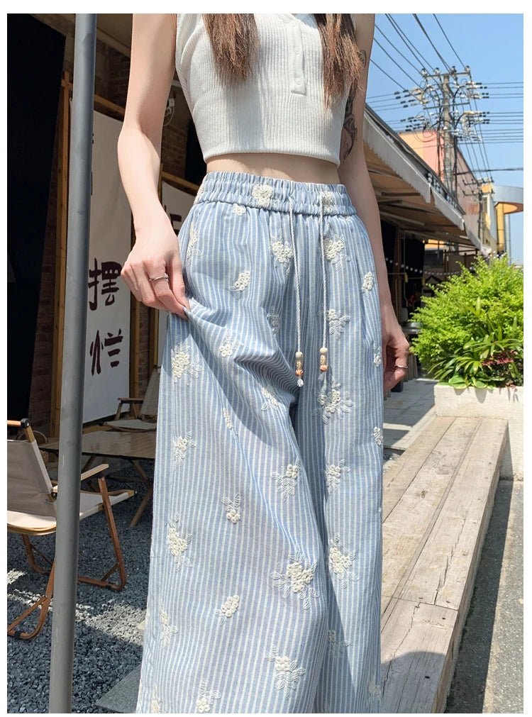 Vintage Blue Striped Embroidered Wide-leg Pants Women's Summer 2026 High-waisted Lace Stitching Casual Straight Trousers Popular
