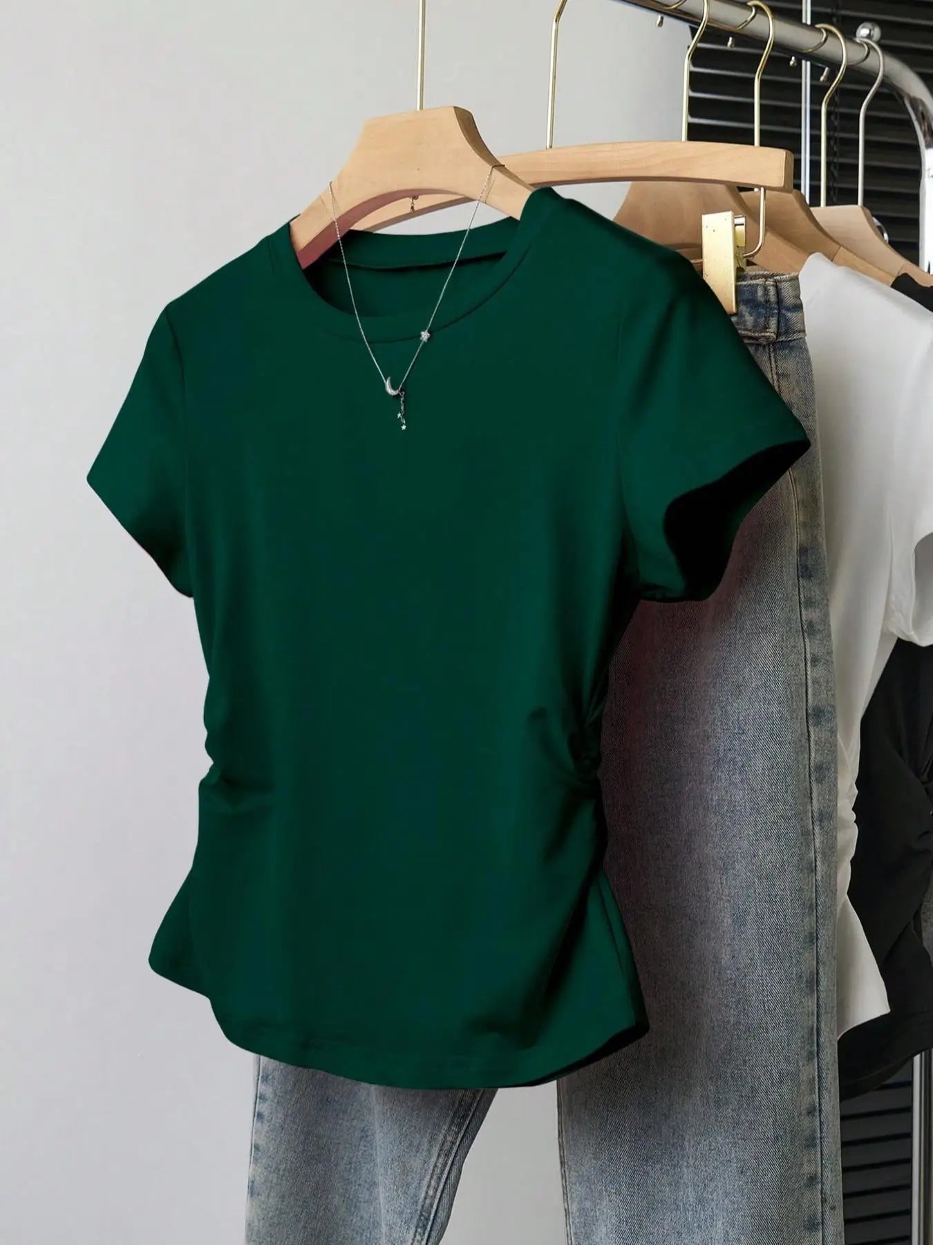 Women 3 Pack Solid Color T-Shirt Casual Ruched Side Crew Neck Short Sleeve Slim Fit Top Set