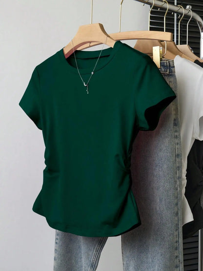 Women 3 Pack Solid Color T-Shirt Casual Ruched Side Crew Neck Short Sleeve Slim Fit Top Set