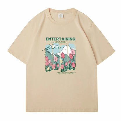 WAVLATII Women New Comics Flowers Printed T shirts Female Beige Streetwear Summer Tees Lady Casual Short Sleeve Tops WT2329