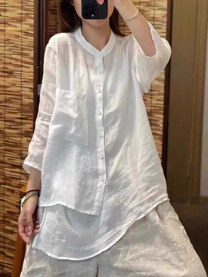 Summer Thin Retro Artistic Flax Stand Collar Seven Sleeve Loose Slimming Asymmetrical Top Women's Shirt Comfortable Breathable