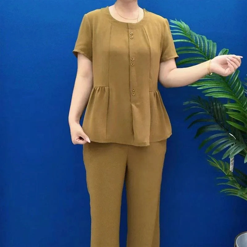 Summer 2026 Fashionable Mommy Set Women's Loose Belly Covering Slimming Two-Piece Suit High-End  Color Casual Wear