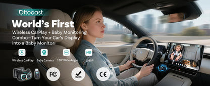 Ottocast Cabin Care Wireless CarPlay Adapter 1080P Car Rear Seat Camera 150° Wide Angle Night For Kids & Pets For Benz Toyota VW