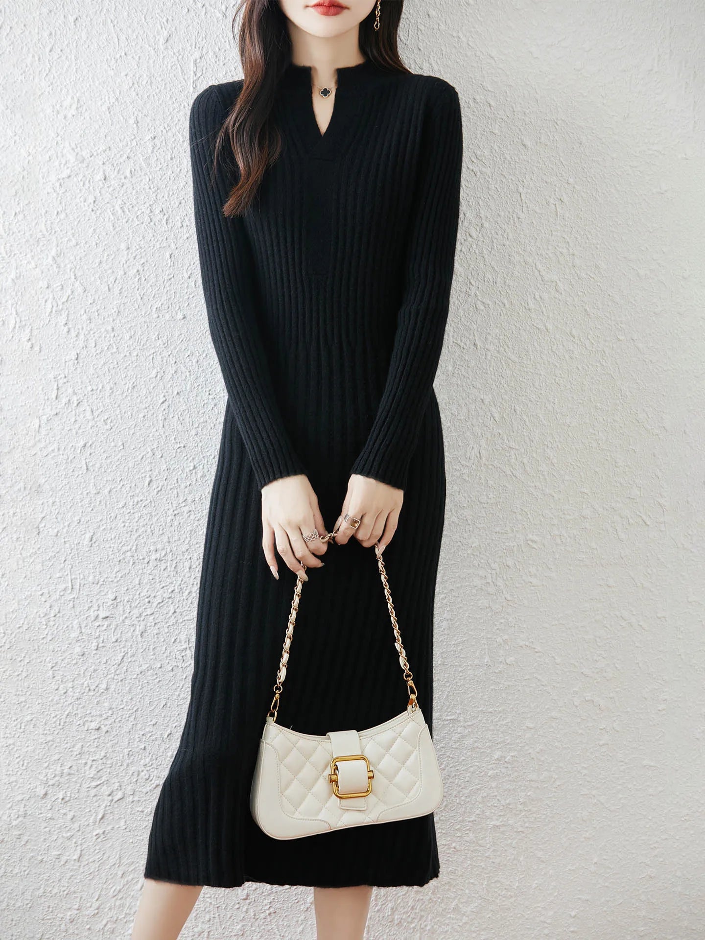 100% Merino Wool Long Dress Women's Open Neck Slim Fit Autumn Winter Casual Fashion Knitted Cashmere Waist Cinched Dress