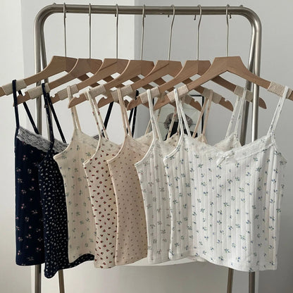 Bow Floral Eyelet Lace Trim Tank Tops Women Summer Cotton Sleeveless Slim Camisole Girls Sweet Cute Preppy Style Crop Top Y2K