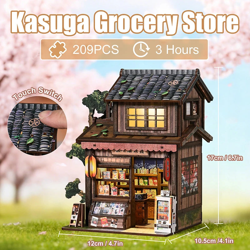 3D Japanese Grocery Store DIY Dollhouse Kit with LED Light Detailed Furniture Handmade Assembly Model Birthday Gift Home Decor