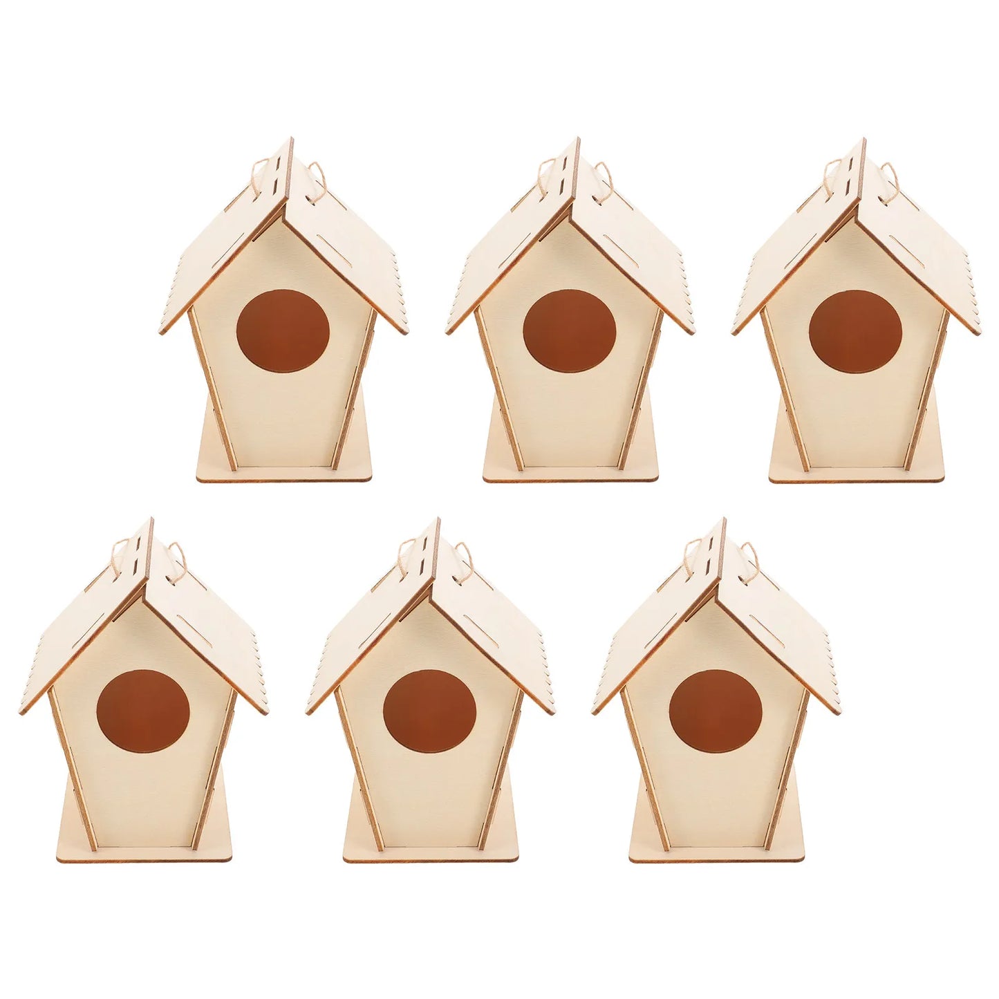 6Pcs DIY Wooden Bird House Kit Paintable Mini Hanging Twine Pre-Drilled Easy Assembly Kids Wood Craft Building Kit