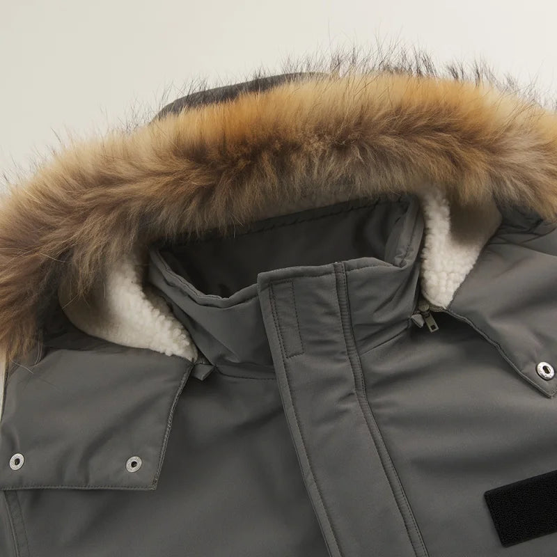 Metersbonwe Men's Loose Fit Hooded Fleece Lining Parka Coat Long Adjustable Waist Utility Pockets Hood With Detachable Fur Trim