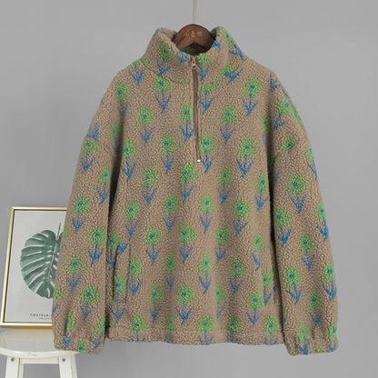 Women's Autumn Winter New Fleece Jacquard Sweatshirt Half Zip Loose Hoodies High Neck Sweatshirt
