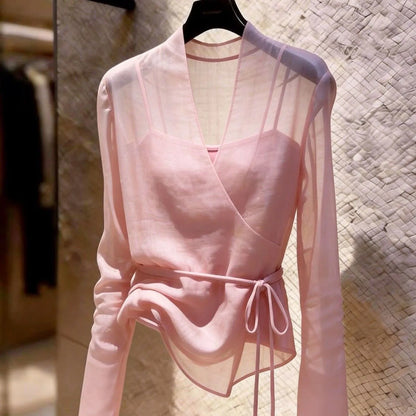 Gray Long Sleeve V-Neck Tulle Women's Shirt Design Sense Small Audience Fashionable Belted Top Commute Style Polyester