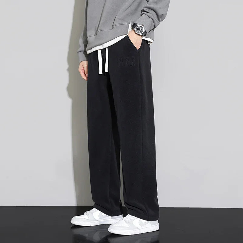Winter Velvet Lining Trousers Men Outdoor Jogger Sweatpants Neutral  Solid Color Baggy Thickened Winter Fleece Loose Cargo Pants