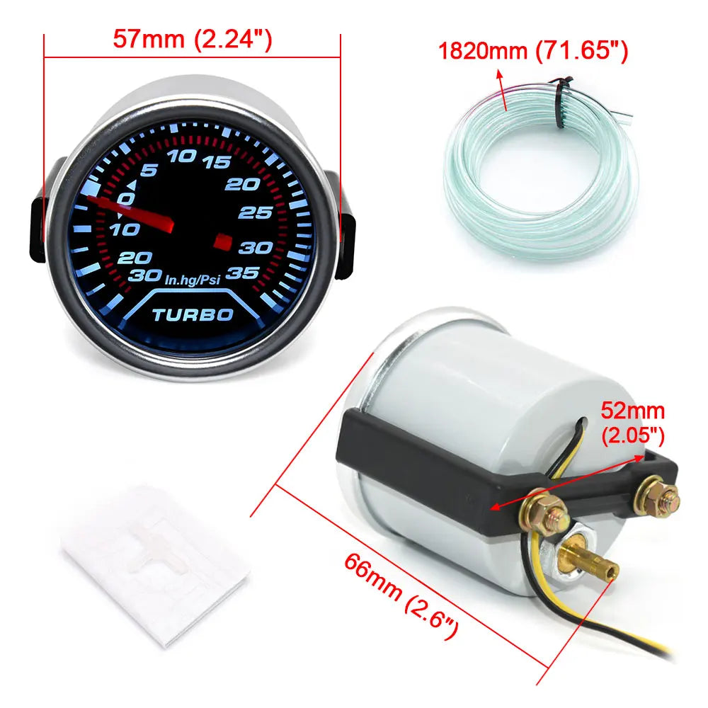 52mm Racing Gauge 12V LED Smoke Len -1~0~2 BAR Turbo Boost Water Temperature Oil Pressure Voltmeter Air Fuel Ratio Meter For 12V