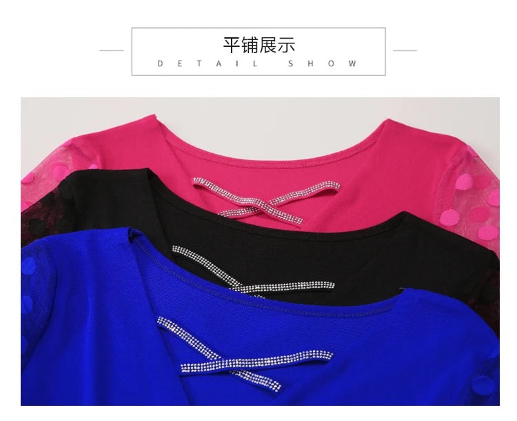 2026 Spring Summer Mesh Tops Korean Fashion Diamond T Shirt Slim 3/4 Sleeve Hollow Out Casual Women Shirt