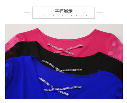 2026 Spring Summer Mesh Tops Korean Fashion Diamond T Shirt Slim 3/4 Sleeve Hollow Out Casual Women Shirt