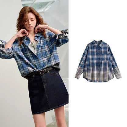 TOYOUTH Women Brushed Shirts 2026 Spring New Mid-Length Gradient Blue-White Plaid Loose Blouses