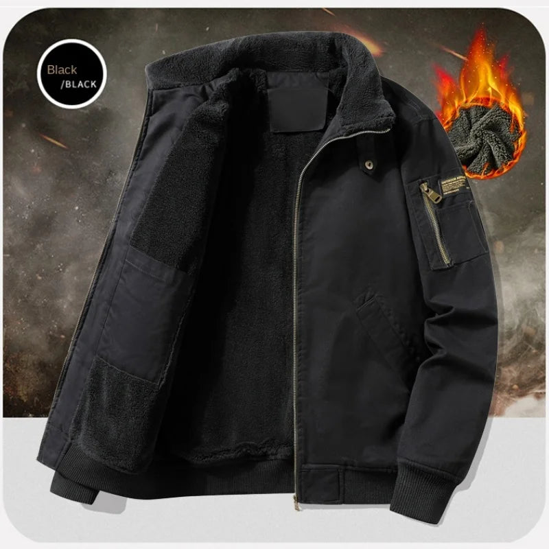 2025 New Jacket Pure Cotton Jacket Men's Plush Thickened Autumn and Winter Top Washed Workwear Casual Multi Bag Clothes