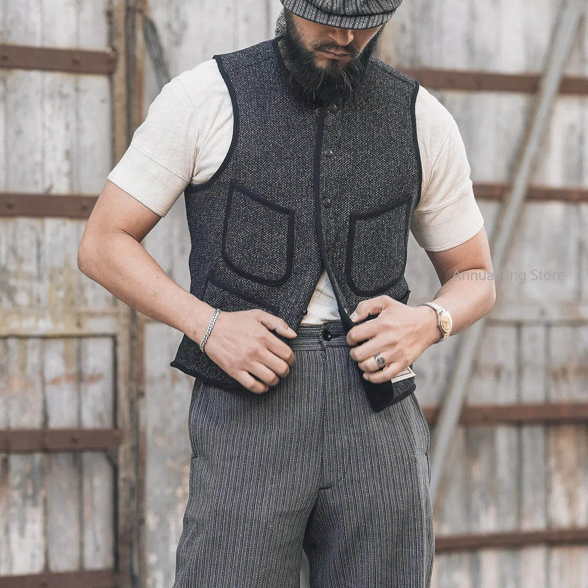 Rugged Bronson 1930s Salt and Pepper Early Vest Heritage Style Sleeveless Jacket BBJ-001