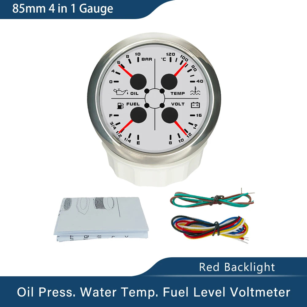 ELING Waterproof 85mm 4 in 1 Gauge Oil Pressure Water Temp Fuel Level Voltmeter with Light Alarm for Car Boat Yacht
