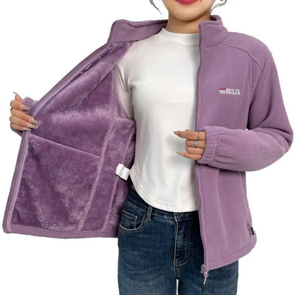 Women Jacket Zipper Sweatshirt Wool Lining Warm Coat Polar Fleece Stand Up Hoodie for Sports Leisure Clothes for Women Black Top