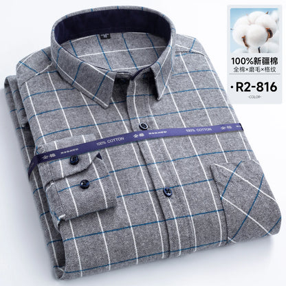 Men's long-sleeved cotton jersey checked shirt - suitable for daily work in all seasons, featuring fashionable style.