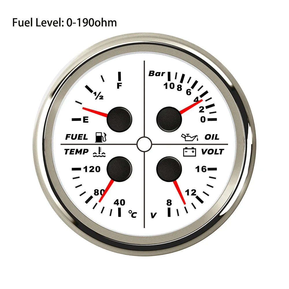 ELING Waterproof Auto Marine 85mm 4 in 1 Gauge Oil Pressure Water Temp Fuel Level Voltmeter for Motorcycle 8-16V