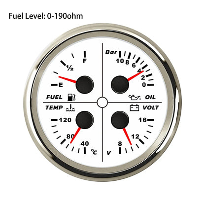 ELING Waterproof Auto Marine 85mm 4 in 1 Gauge Oil Pressure Water Temp Fuel Level Voltmeter for Motorcycle 8-16V