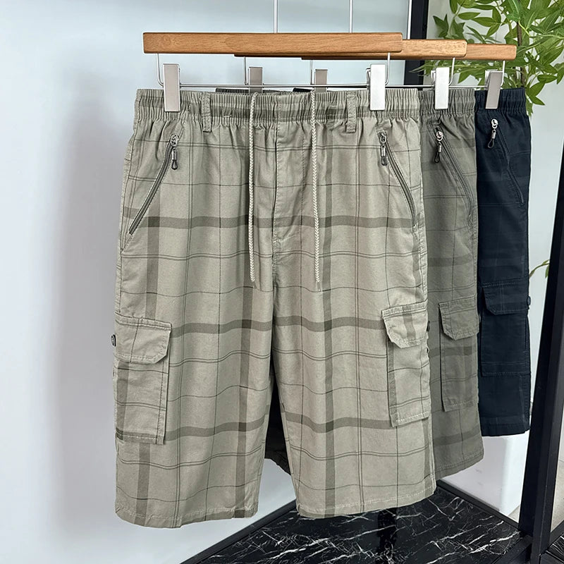 Men's Cargo Shorts New Summer Breathable 100% Cotton Thin Plaid 7-Point Pants Sports Casual Minimalist Style Comfortable Daily