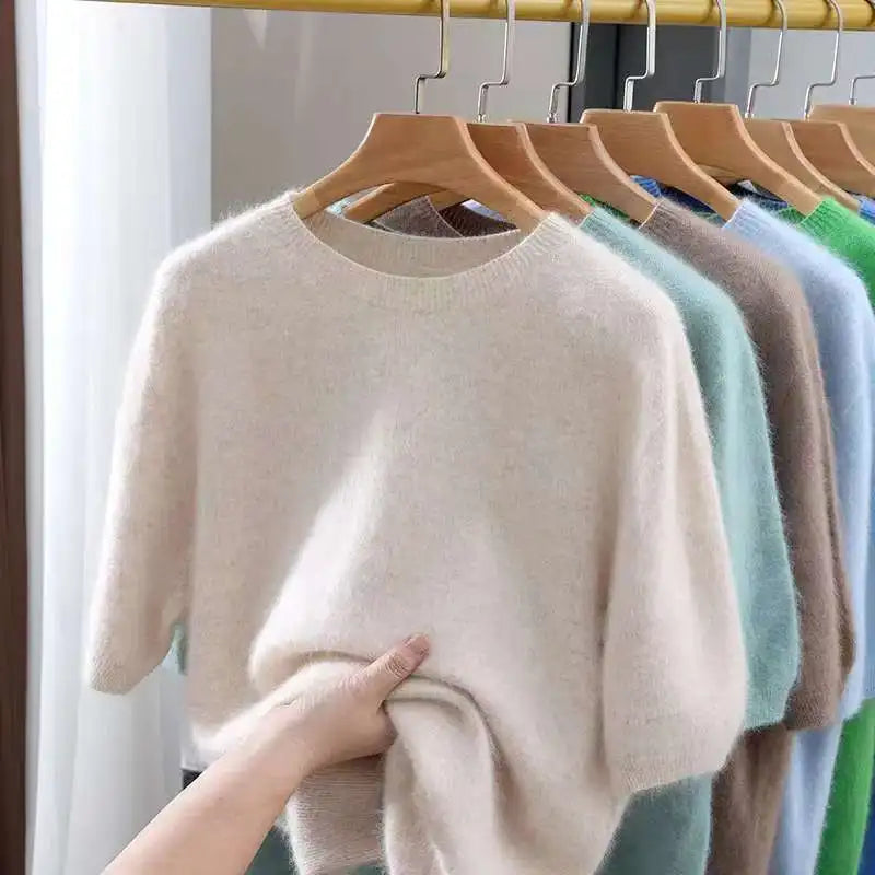 Spring Autumn 100% Mink Cashmere Short Sleeve Men's T-Shirt Loose O-Neck Solid Color Knit Sweater Casual Business Base Pullover